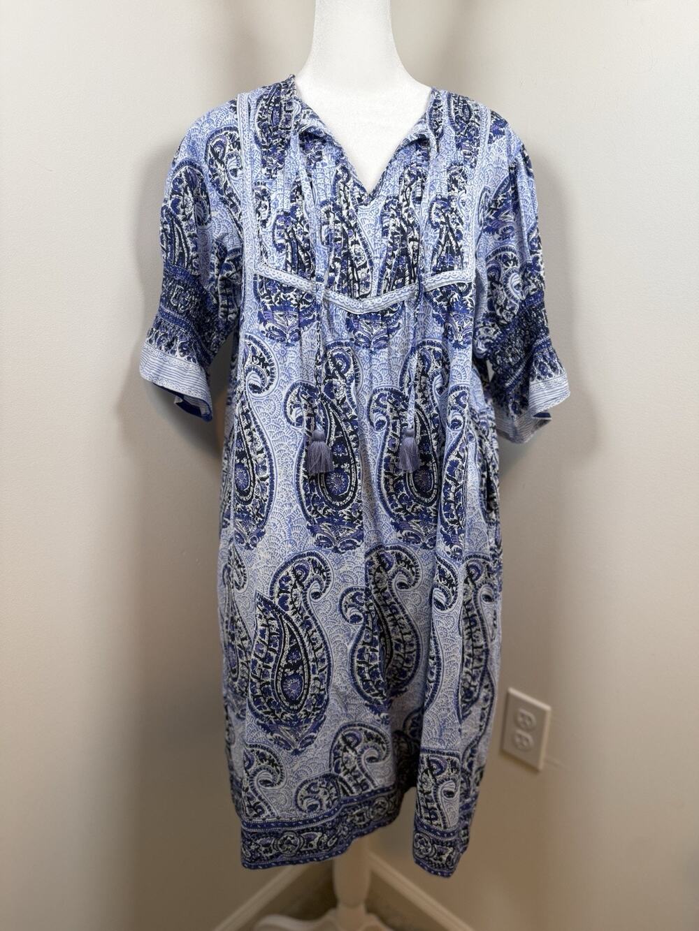 La Plage Women's Celerie Dress Size Medium Blue Paisley Cotton Boho Cottagecore